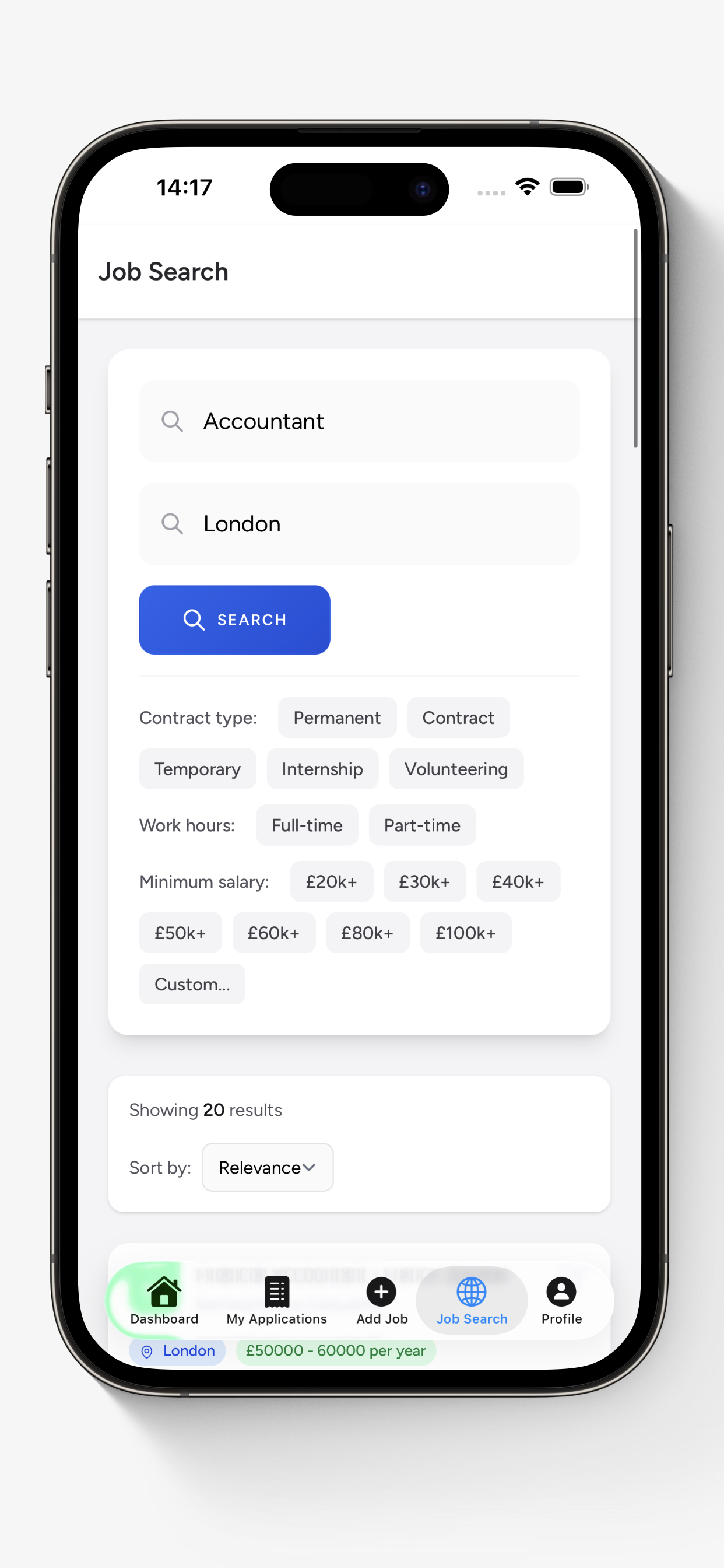 Job search filters on My Job Trackr mobile app showing keyword, location, contract type, and salary options